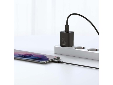 Carregador de parede Baseus Super Si PD 25W 1x USB-C preto + USB-C - cabo USB-C