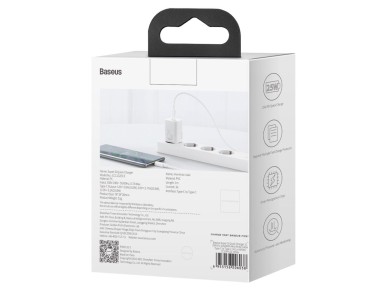 Carregador de parede Baseus Super Si PD 25W 1x USB-C branco + cabo USB-C - USB-C