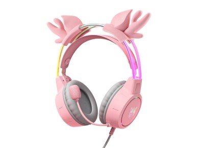 Auriculares para juegos ONIKUMA X15Pro en color rosa y cuernos de ciervo