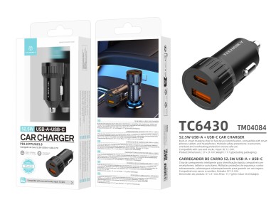Techancy Carregador de carro 52.5W USB A e USB C PD PPS QC3.0 TC6430 Carregamento rapido 12V 24V Pre