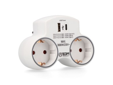 Adaptador com 2 tomadas 2p+t schuko e 2 usb (a+c), branco Adaptador com 2 tomadas 2p+t schuko e 2 usb (a+c), branco