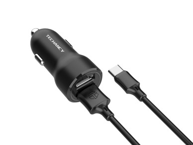 Techancy 2-Port 2.4A Car Charger with Type-C Cable/1M TC6422 Black, Fast Charging, Multiple Protecti Techancy 2-Port 2.4A Car Charger with Type-C Cable/1M TC6422 Black, Fast Charging, Multiple Protecti
