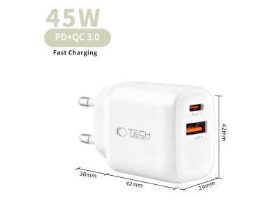 Cargador de pared Tech-Protect NCA45W-GAN de 2 puertos USB-C/USB-A de 45 W - Blanco Cargador de pared Tech-Protect NCA45W-GAN de 2 puertos USB-C/USB-A de 45 W - Blanco