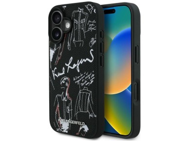Capa MagSafe para iPhone 16 com estampa granulada e logotipo Karl Lagerfeld - Preta