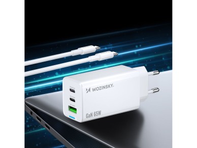 Cargador Wozinsky GaN de 65 W con puertos USB-A y 2 puertos USB-C, incluye cable USB-C de 65 W - Bla Cargador Wozinsky GaN de 65 W con puertos USB-A y 2 puertos USB-C, incluye cable USB-C de 65 W - Bla