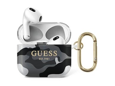 Capa para AirPods 3 Guess GUA3UCAMG, preta/preta, coleção Camuflada Capa para AirPods 3 Guess GUA3UCAMG, preta/preta, coleção Camuflada