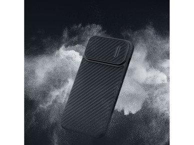 Capa Nillkin de fibra sintética S para iPhone 14 Pro com protetor de câmera, preta. Capa Nillkin de fibra sintética S para iPhone 14 Pro com protetor de câmera, preta.