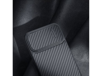 Capa Nillkin de fibra sintética S para iPhone 14 Pro Max com protetor de câmera, preta. Capa Nillkin de fibra sintética S para iPhone 14 Pro Max com protetor de câmera, preta.