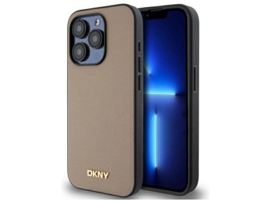 Capa DKNY MagSafe com logotipo em metal granulado para iPhone 15 Pro Max - Bege Capa DKNY MagSafe com logotipo em metal granulado para iPhone 15 Pro Max - Bege