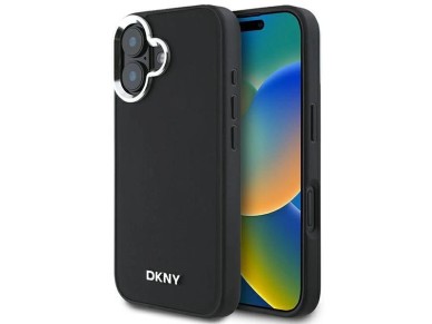 DKNY Plain Silver Logo MagSafe iPhone 16 Case - Black