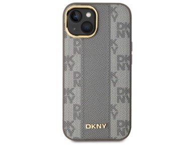 DKNY Leather Checkered Mono Pattern MagSafe iPhone 15 Plus Case - Beige DKNY Leather Checkered Mono Pattern MagSafe iPhone 15 Plus Case - Beige