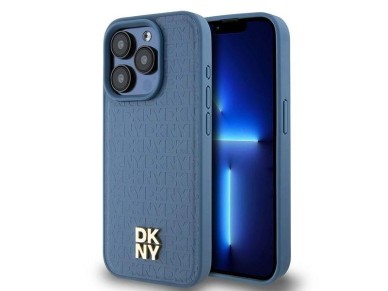 DKNY Leather Monogram Pattern Metal Logo MagSafe Case for iPhone 15 Pro - Blue DKNY Leather Monogram Pattern Metal Logo MagSafe Case for iPhone 15 Pro - Blue