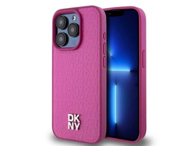 Funda MagSafe de cuero con estampado de monograma y logo metálico de DKNY para iPhone 15 Pro - Rosa Funda MagSafe de cuero con estampado de monograma y logo metálico de DKNY para iPhone 15 Pro - Rosa
