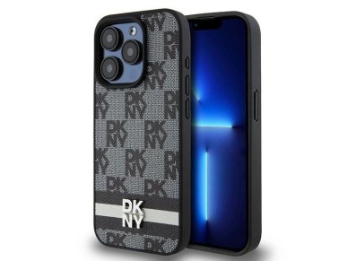 DKNY Leather Checkered Mono Pattern & Printed Stripes Case for iPhone 15 Pro Max - Black