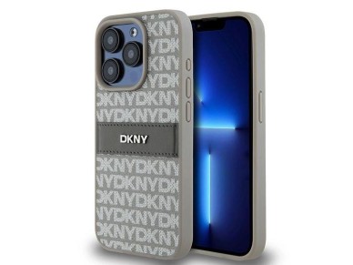 Funda DKNY de piel con franja monocromática y logo metálico para iPhone 15 Pro Max - beige Funda DKNY de piel con franja monocromática y logo metálico para iPhone 15 Pro Max - beige