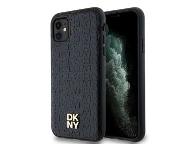 Capa MagSafe DKNY em couro com monograma e logotipo metálico para iPhone 11/Xr - Preta Capa MagSafe DKNY em couro com monograma e logotipo metálico para iPhone 11/Xr - Preta