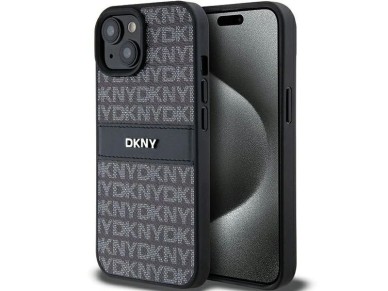 Capa DKNY em couro com estampa Mono Stripe e logo em metal para iPhone 15/14/13 - Preta Capa DKNY em couro com estampa Mono Stripe e logo em metal para iPhone 15/14/13 - Preta