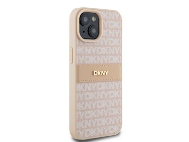 Capa DKNY em couro com estampa Mono Stripe e logo metálico para iPhone 15/14/13 - rosa Capa DKNY em couro com estampa Mono Stripe e logo metálico para iPhone 15/14/13 - rosa