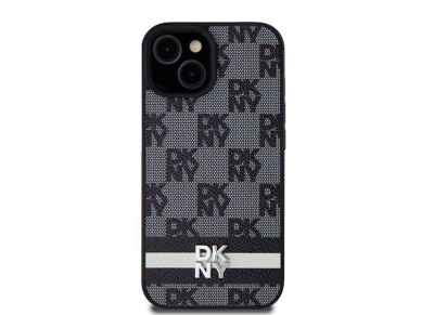 Capa DKNY em couro com estampa xadrez monocrom�tica e listras para iPhone 15/14/13 - Preta
