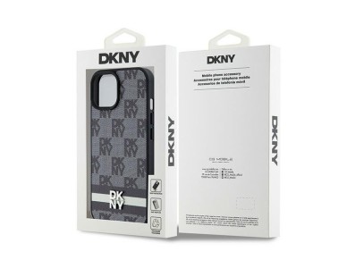 Capa DKNY em couro com estampa xadrez monocrom�tica e listras para iPhone 15/14/13 - Preta