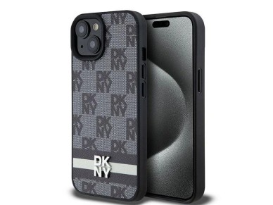 Capa DKNY em couro com estampa xadrez monocrom�tica e listras para iPhone 15/14/13 - Preta