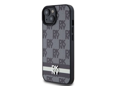 Capa DKNY em couro com estampa xadrez monocrom�tica e listras para iPhone 15/14/13 - Preta