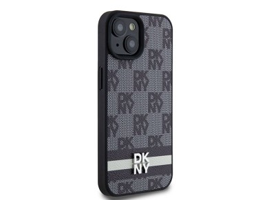 Capa DKNY em couro com estampa xadrez monocrom�tica e listras para iPhone 15/14/13 - Preta