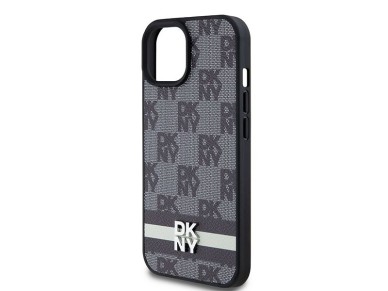Capa DKNY em couro com estampa xadrez monocrom�tica e listras para iPhone 15/14/13 - Preta