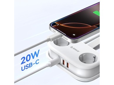 Orico APP 15.5W 5in1 Power Strip 2x AC + 2x USB-A + 1x USB-C - White Orico APP 15.5W 5in1 Power Strip 2x AC + 2x USB-A + 1x USB-C - White