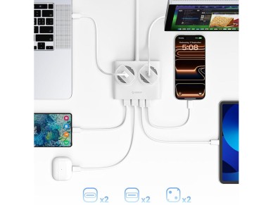 Régua de tomadas Orico PDC25 25W 6 em 1: 2x AC + 2x USB-A + 2x USB-C - Branca Régua de tomadas Orico PDC25 25W 6 em 1: 2x AC + 2x USB-A + 2x USB-C - Branca