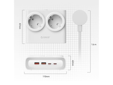 Régua de tomadas Orico PDC25 25W 6 em 1: 2x AC + 2x USB-A + 2x USB-C - Branca Régua de tomadas Orico PDC25 25W 6 em 1: 2x AC + 2x USB-A + 2x USB-C - Branca