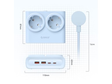 Orico PDC25 25W 6in1 Power Strip 2x AC + 2x USB-A + 2x USB-C - Blue Orico PDC25 25W 6in1 Power Strip 2x AC + 2x USB-A + 2x USB-C - Blue