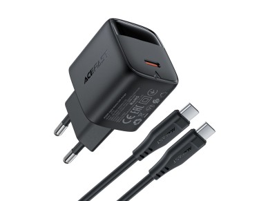 Acefast A113 GaN PD 20W USB-C Wall Charger with Display with USB-C Cable - Black Acefast A113 GaN PD 20W USB-C Wall Charger with Display with USB-C Cable - Black