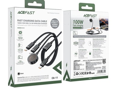 Acefast C6-11 USB-C 3in1 Cable - 2x USB-C / Qi 480Mb/s 100W 1.2m - black Acefast C6-11 USB-C 3in1 Cable - 2x USB-C / Qi 480Mb/s 100W 1.2m - black
