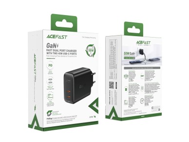 Carregador Acefast A29 PD50W GaN (USB-C + USB-C) de porta dupla, preto