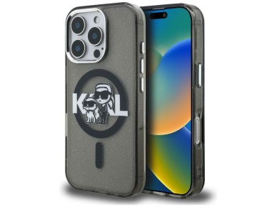 Karl Lagerfeld IML Glitter Karl & Choupette Sketch Logo MagSafe Case for iPhone 16 Pro Max - Black