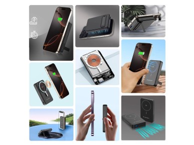 Powerbank Wozinsky WLWP-10KA0Y3S 22.5W PD Qi2 10000 mAh, com suporte, 1x USB-A, 1x USB-C - preto