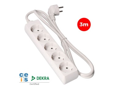 Multiple base, 5 schuko 2p+e sockets, 3 m cable h05vv-f 3g1,5 mm� 16a 250v~ 3680 w, white