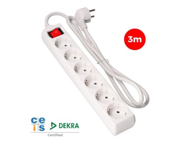 6-outlet multiple socket 2p+e with illuminated switch, 3m of h05vv-f 3g1,5 mm� cable, white