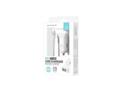 Cargador de coche Techancy TC6401 con doble puerto USB de 2,4 A y cable Lightning - Blanco