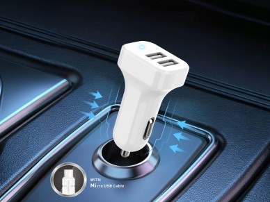 Cargador de coche Techancy TC6403 con doble puerto USB de 2,4 A y cable micro USB - Blanco