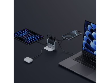Cargador de pared Cuktech AD1404UEU de 140 W GaN con 3 puertos USB-C + USB-A y cable USB-C - Gris