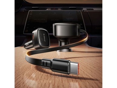 Carregador veicular Orico FC-66-1A2C de 66 W com cabo USB-C retrátil integrado - Preto Carregador veicular Orico FC-66-1A2C de 66 W com cabo USB-C retrátil integrado - Preto