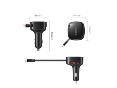 Carregador veicular Orico FC-66-1A2C de 66 W com cabo USB-C retrátil integrado - Preto Carregador veicular Orico FC-66-1A2C de 66 W com cabo USB-C retrátil integrado - Preto