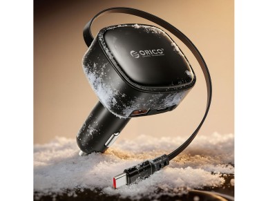 Carregador veicular Orico FC-66-1A2C de 66 W com cabo USB-C retrátil integrado - Preto Carregador veicular Orico FC-66-1A2C de 66 W com cabo USB-C retrátil integrado - Preto