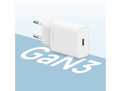 Cargador CUKTECH de 20 W con puerto USB tipo C y enchufe europeo, color blanco.