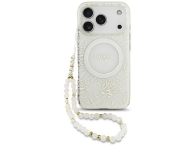 Guess IML Flowers Allover Electroplated with Pearl Strap MagSafe Case for iPhone 18 Pro / 17 Pro - W