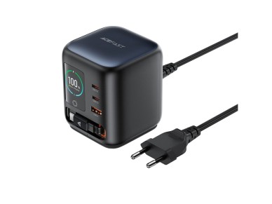 Acefast Z10 GaN 100W 3xUSB Desktop Charger with Retractable USB-C Cable and TFT Display - Black Acefast Z10 GaN 100W 3xUSB Desktop Charger with Retractable USB-C Cable and TFT Display - Black