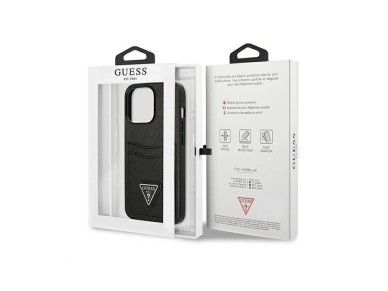 Capa Guess Saffiano com Logo Triangular e Compartimento para Cartões para iPhone 13 / 13 Pro - Preta Capa Guess Saffiano com Logo Triangular e Compartimento para Cartões para iPhone 13 / 13 Pro - Preta