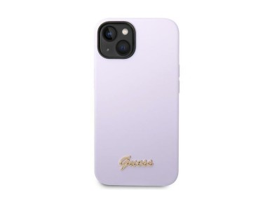 Capa Guess de silicone com logo vintage dourado para iPhone 14/15 Plus - Roxa